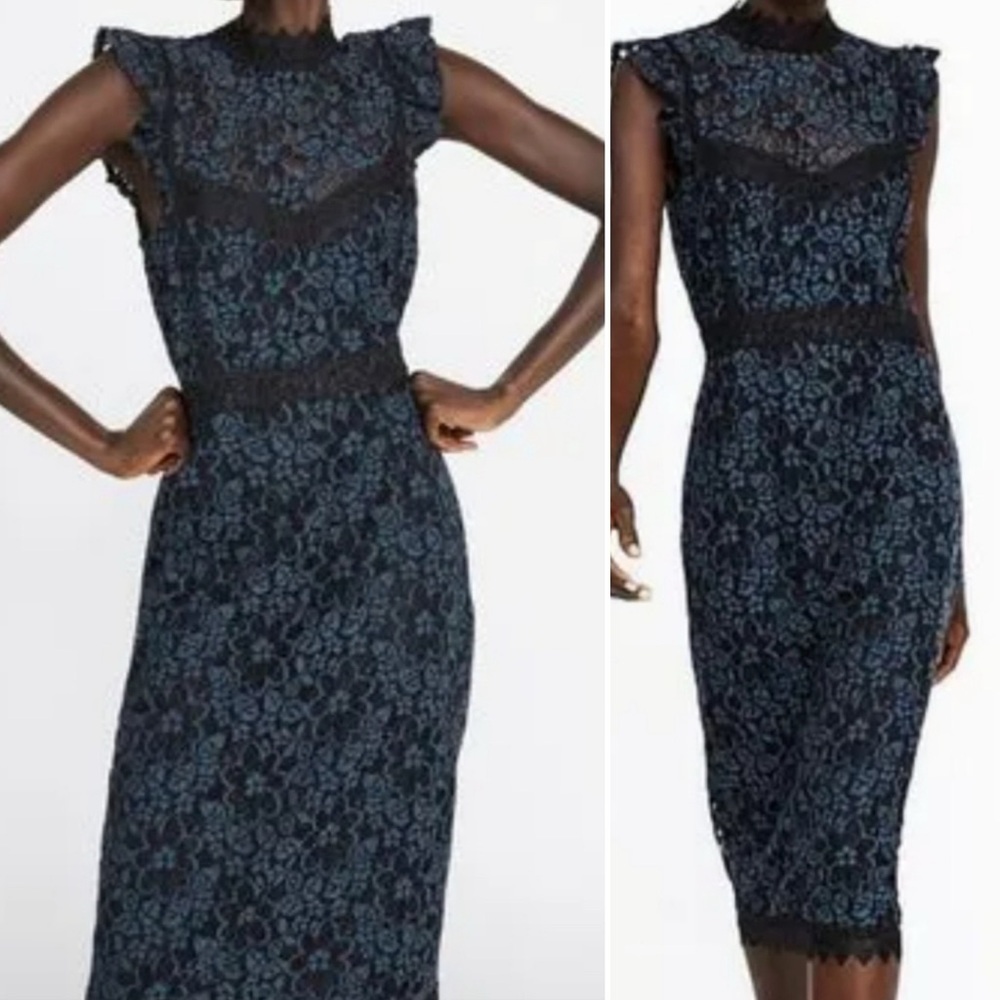 Zara lace dress midi bodycon navy blue sleeveless fitted black label  Sz. L
